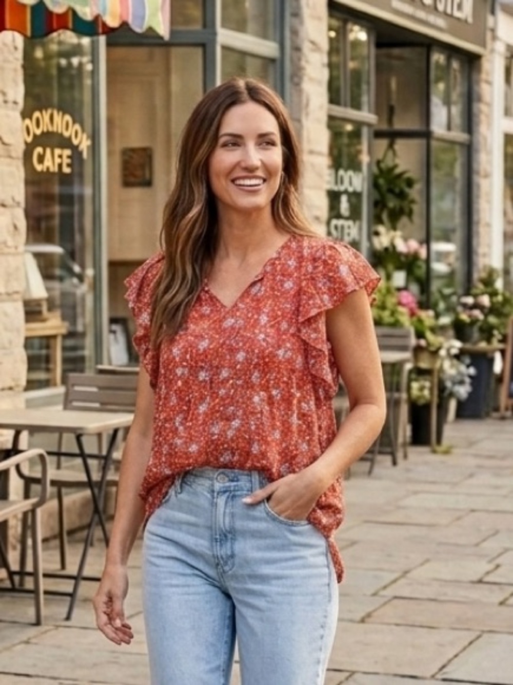 Counterparts Women's Rust Floral Ruffle Sleeve Blouse